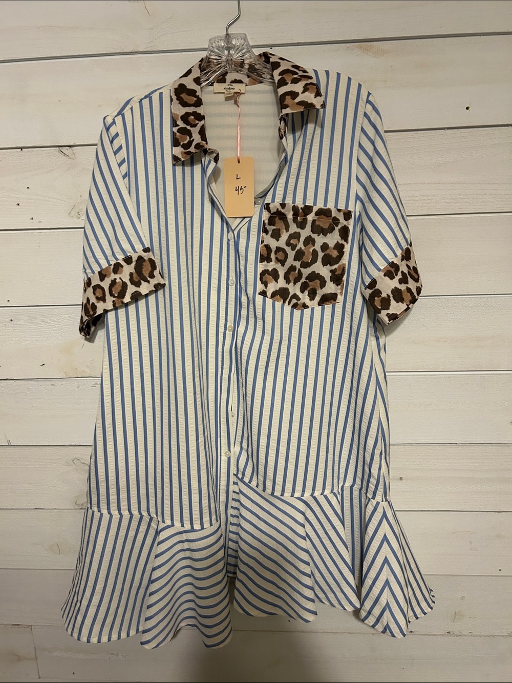 Entro boutique Blue & White Striped Button Dress with Leopard Accents